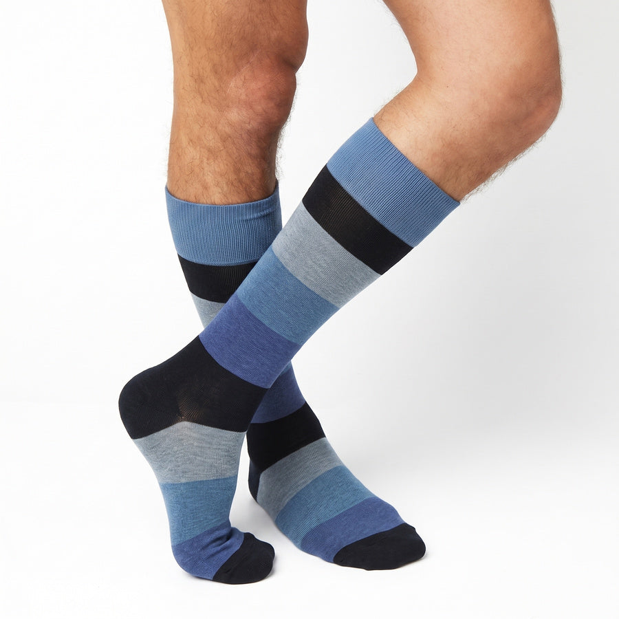 DeadSoxy Irving cotton dress socks worn on leg in an alternate crossed-leg view