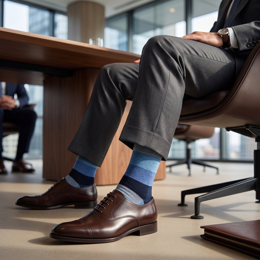 DeadSoxy Irving cotton dress socks styled with dress shoes in a seated business setting