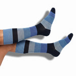 DeadSoxy Irving cotton dress socks worn on leg, showing the Fall 2026 pattern and fit