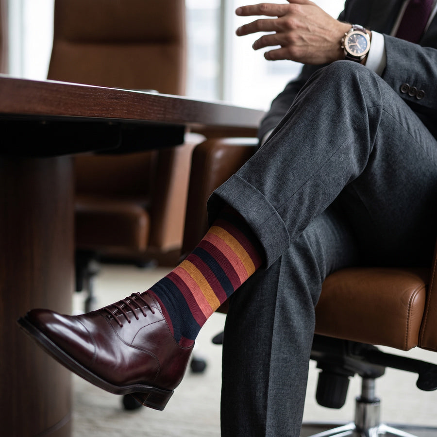 DeadSoxy Jasper cotton dress socks styled with dress shoes in a seated business setting
