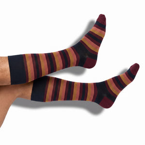 DeadSoxy Jasper cotton dress socks worn on leg, showing the Fall 2026 pattern and fit