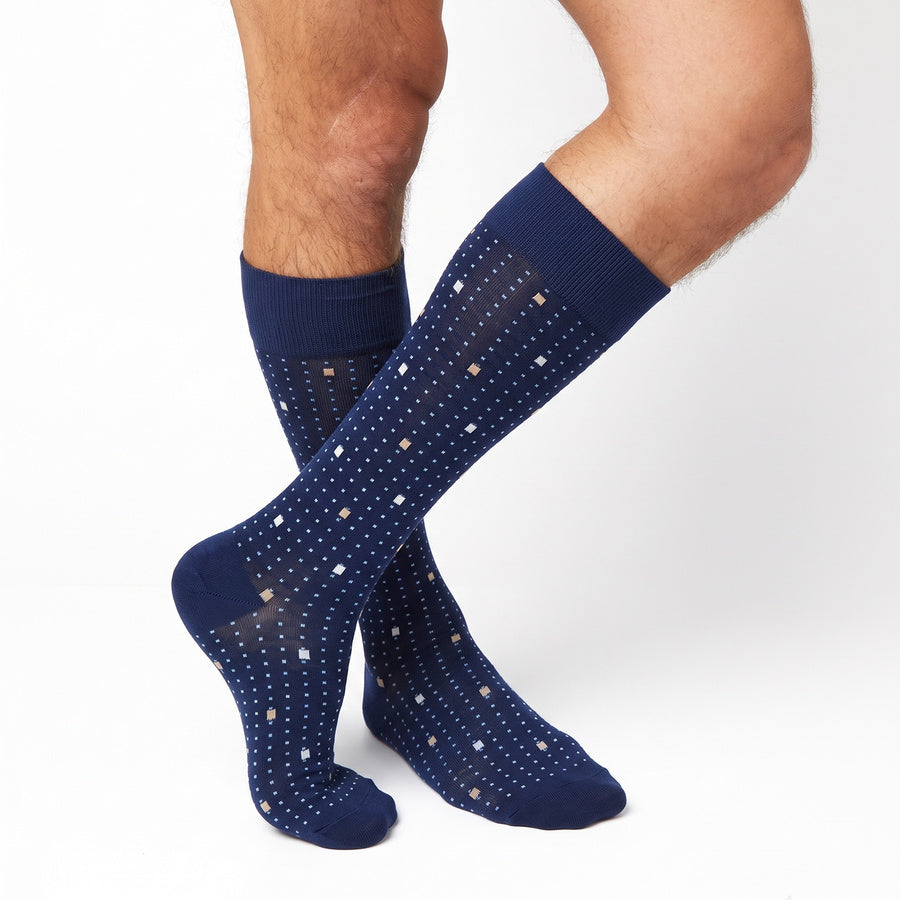 DeadSoxy Knox cotton dress socks worn on leg in an alternate crossed-leg view