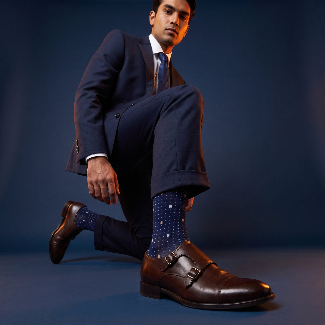 DeadSoxy Knox cotton dress socks styled with dress shoes in a studio setting