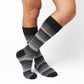 DeadSoxy Roman cotton dress socks worn on leg in an alternate crossed-leg view
