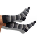 DeadSoxy Roman cotton dress socks worn on leg, showing the Fall 2026 pattern and fit