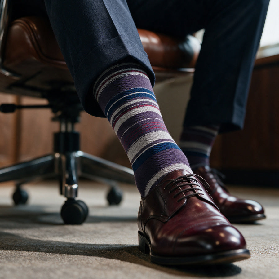 DeadSoxy Smith cotton dress socks styled with dress shoes in a seated business setting