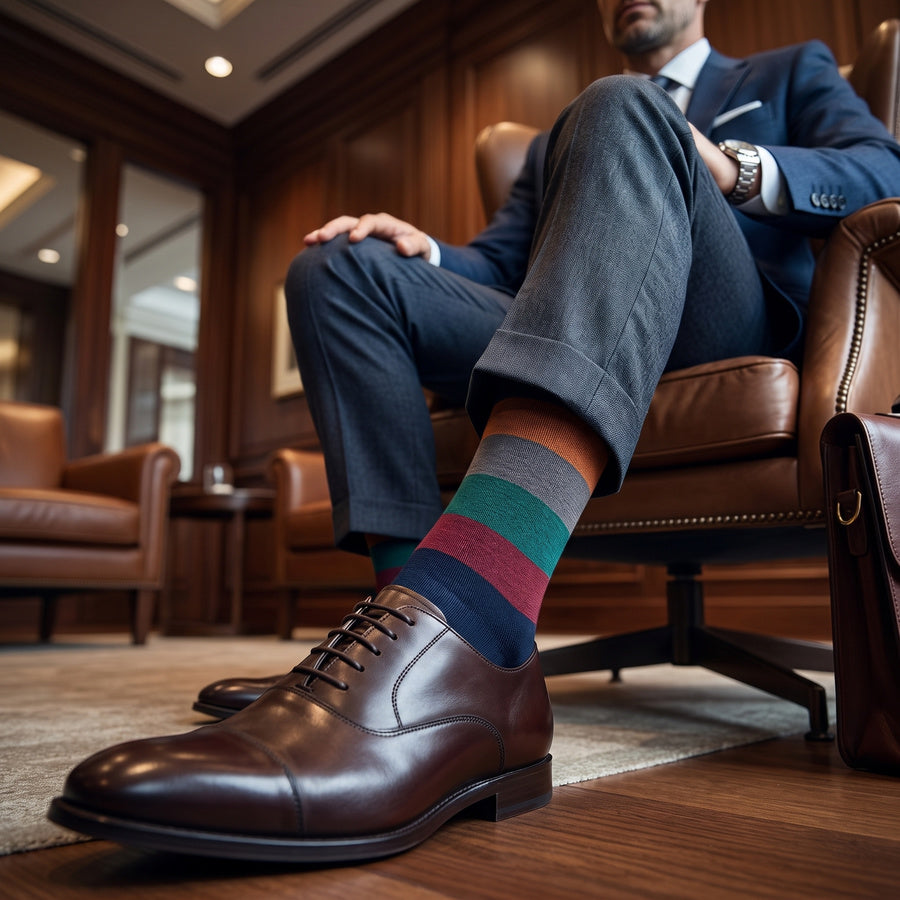 DeadSoxy Wells cotton dress socks styled with dress shoes in a seated business setting