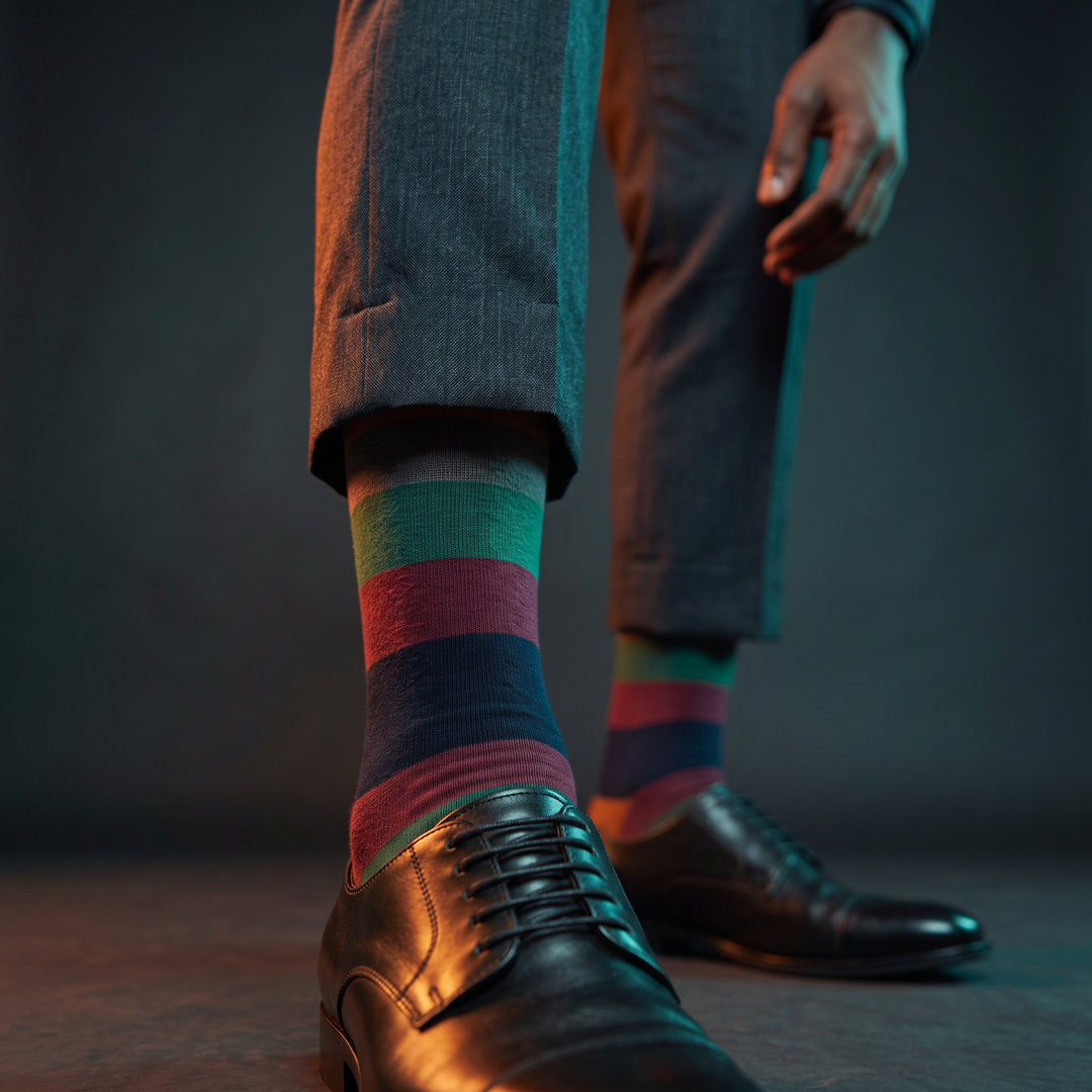 DeadSoxy Wells cotton dress socks styled with dress shoes in a studio setting