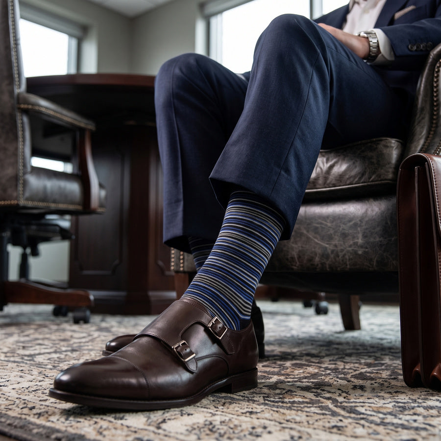 DeadSoxy Zane cotton dress socks styled with dress shoes in a seated business setting