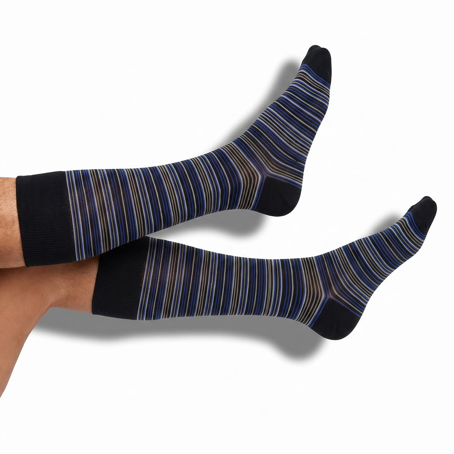 DeadSoxy Zane cotton dress socks worn on leg, showing the Fall 2026 pattern and fit