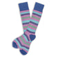 Pair of Diego striped dress socks laid flat; lavender base with teal, green & navy bands; TrueStay cuff; ultra-soft long-staple cotton yarn.
