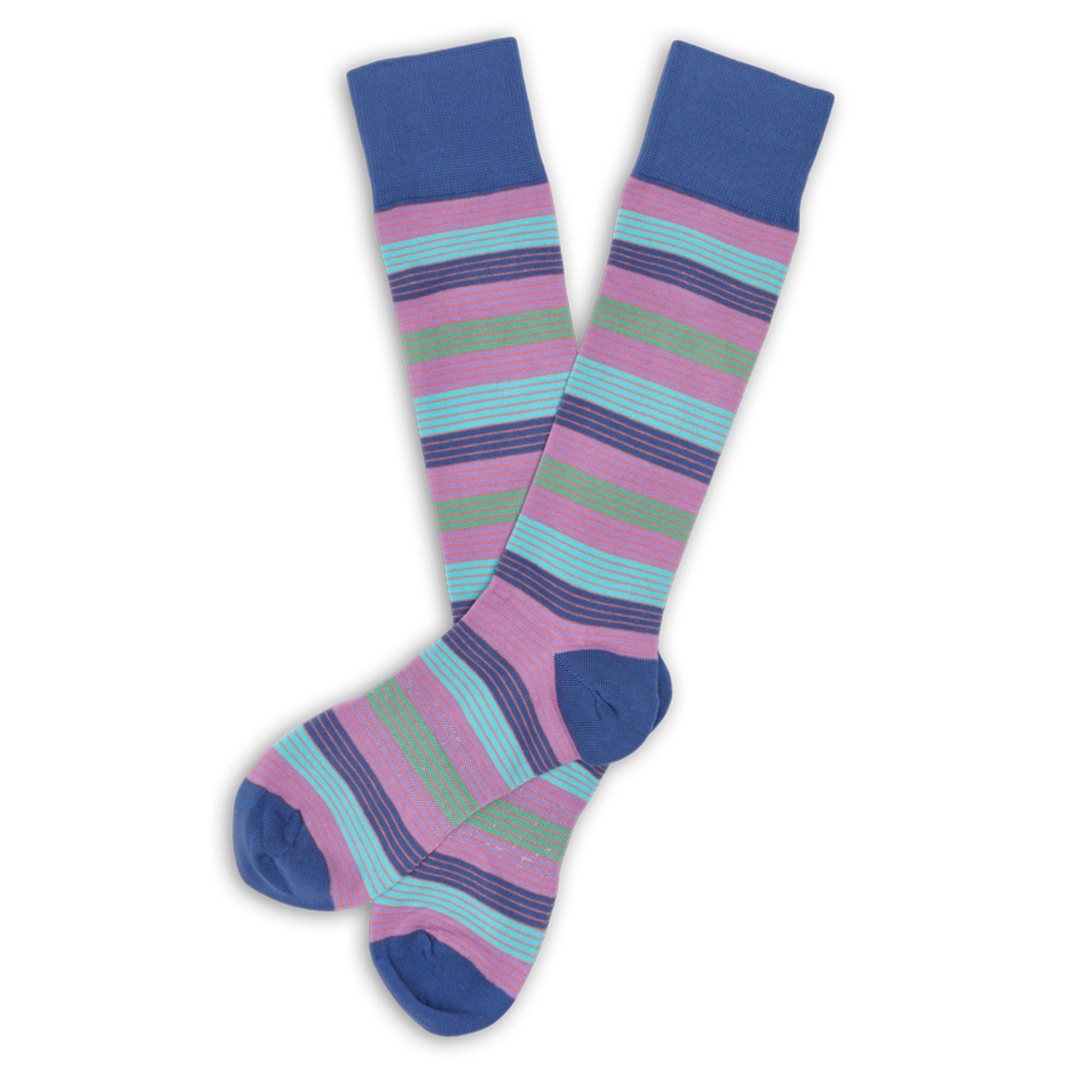 Pair of Diego striped dress socks laid flat; lavender base with teal, green & navy bands; TrueStay cuff; ultra-soft long-staple cotton yarn.