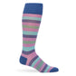 Diego striped men‚Äôs dress sock‚Äîcobalt cuff with lavender, teal, green & navy lines; TrueStay‚Ñ¢ non-slip cuff; ultra-soft long-staple cotton yarn.