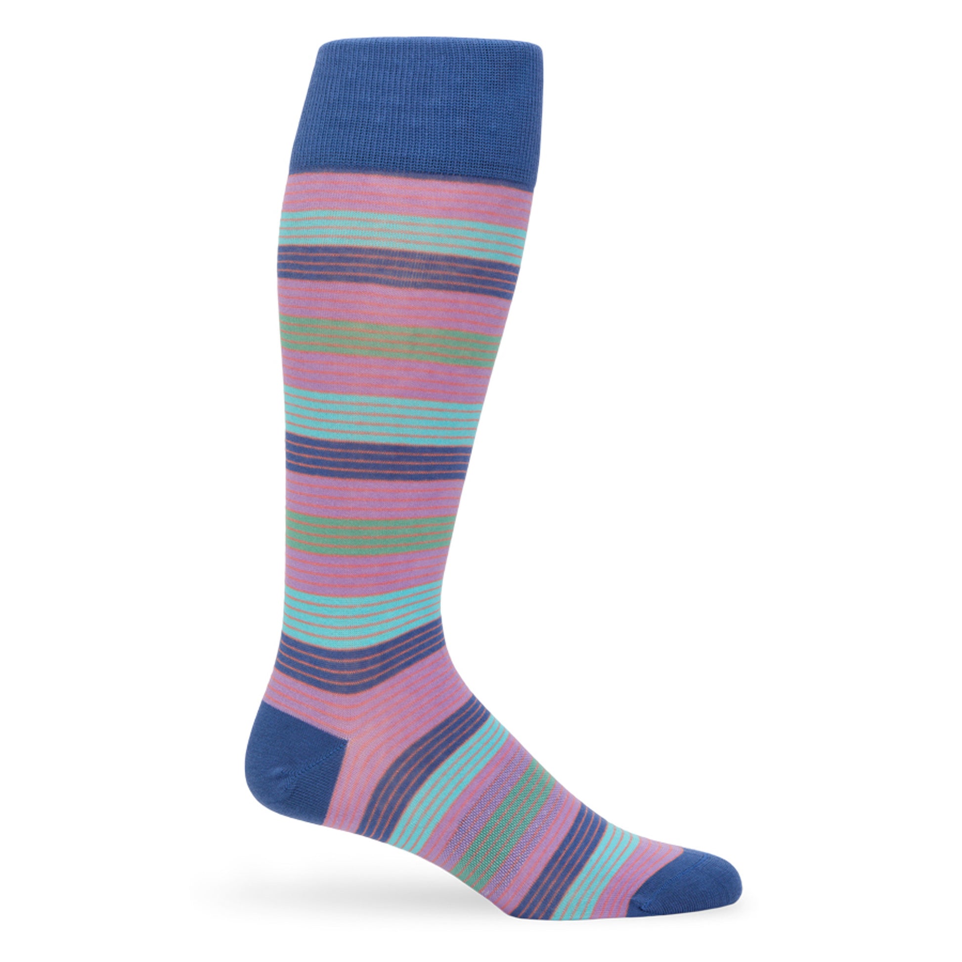 Diego striped men‚Äôs dress sock‚Äîcobalt cuff with lavender, teal, green & navy lines; TrueStay‚Ñ¢ non-slip cuff; ultra-soft long-staple cotton yarn.