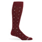 Maroon dress socks with white dots and two accent stripes on the toe.