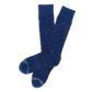 Navy and red dot dress socks with two powder blue accent stripes on the toe laid out flat.