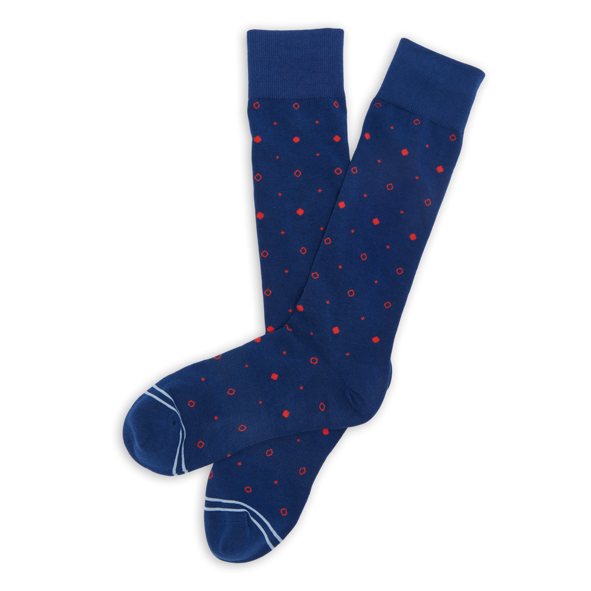 Navy and red dot dress socks with two powder blue accent stripes on the toe laid out flat.