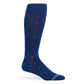 Navy and red dot dress socks with two powder blue accent stripes on the toe.