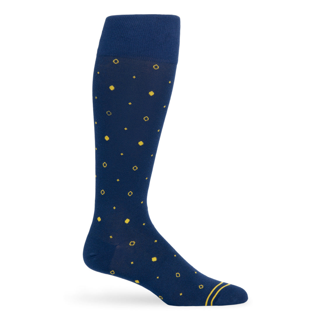 4 pairs of navy and gold dress socks with various designs