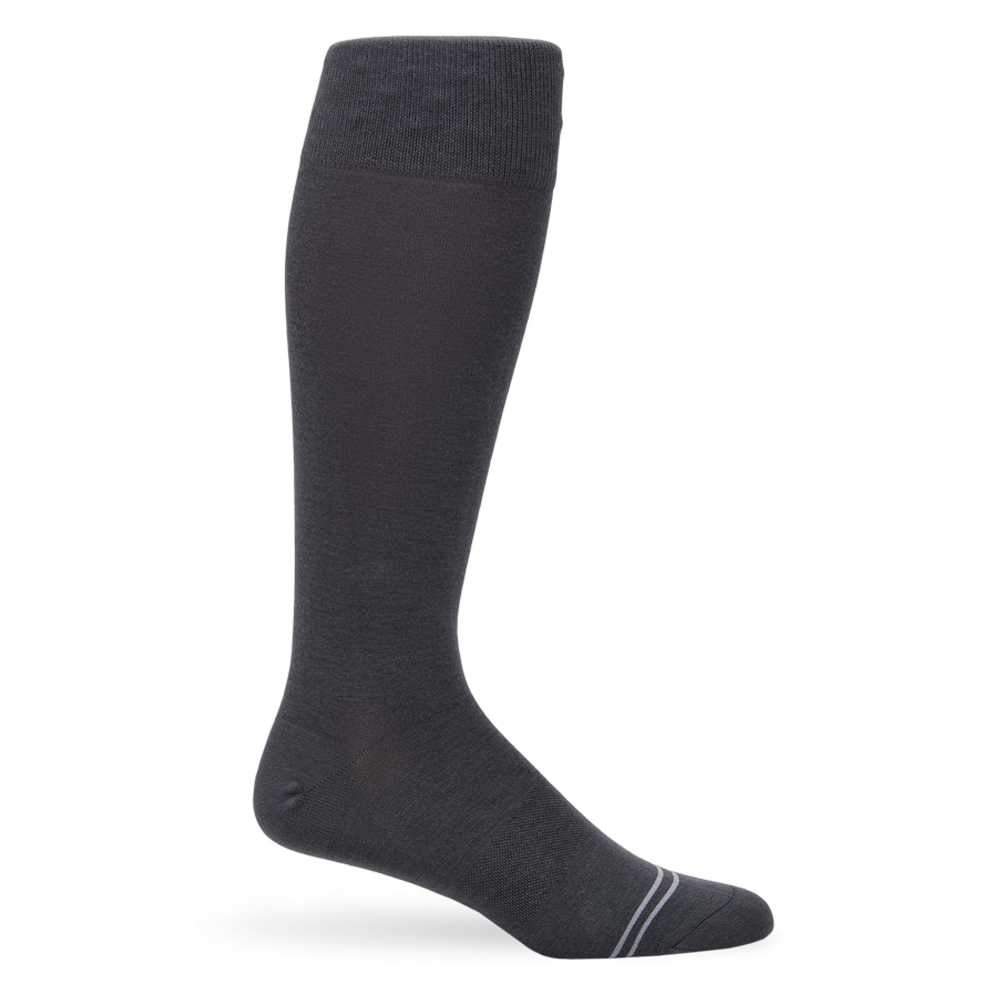 Elegant charcoal dress socks with light gray stripes, designed for executive style and all-day comfort.