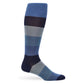 Modern blue-striped dress socks ranging from light gray to navy, perfect for adding a touch of color to professional attire.