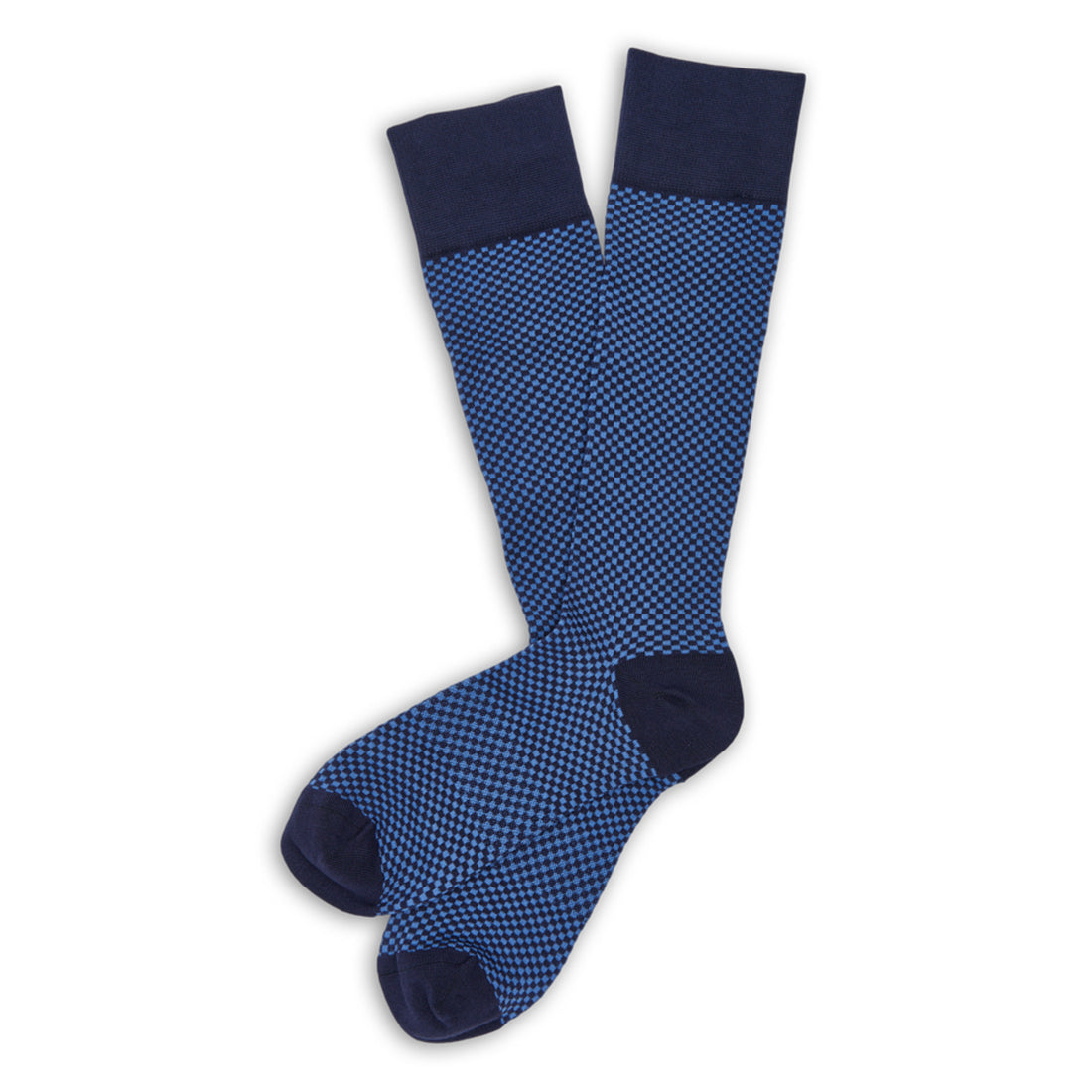 navy and light blue micro-check dress socks  laid out flat