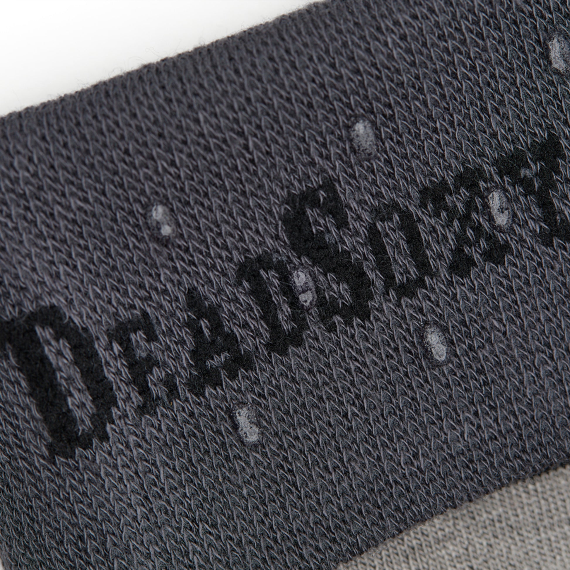 close up of the welt and DeadSoxy's TrueStay‚Ñ¢ sock technology on the welt of charcoal grey  dress socks.