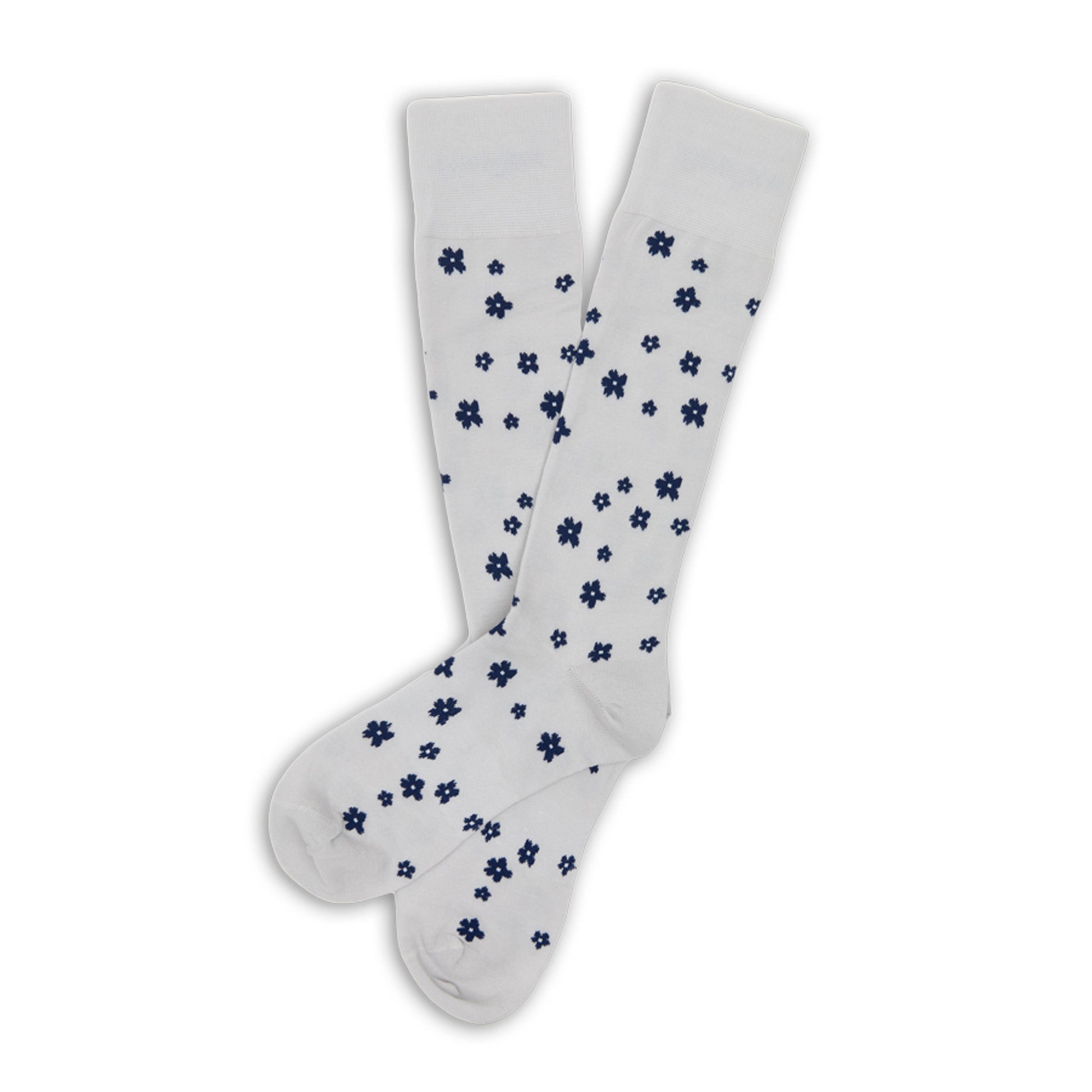 Pair of Drew floral dress socks laid flat; light grey with navy flower dots; TrueStay cuff; knit in supreme-quality cotton yarn.