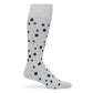 Drew floral men‚Äôs dress sock‚Äîlight grey base with navy mini flower pattern; TrueStay‚Ñ¢ non-slip cuff; supreme cotton yarn.