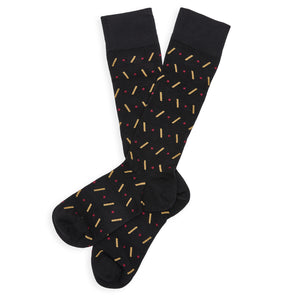 Black geometric dress sock laid flat showing full-length pattern and detailing.