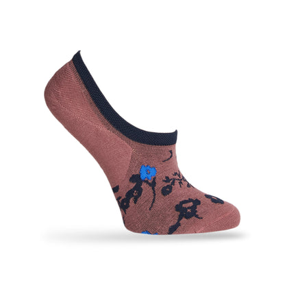 1 no show sock in a solid rose color with a floral design in navy blue and powder blue and a navy welt displayed on mannequin