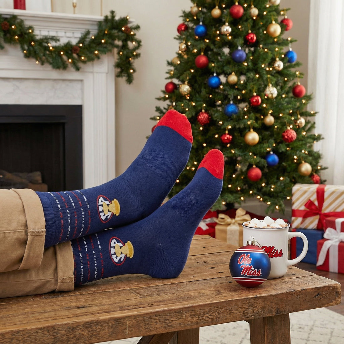 Person wearing navy blue SIP socks with red toes and egg bowl trophy on the ankle in front of a Christmas tree and fireplace.