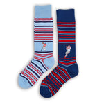 Powder stripe dress socks with Eli on the ankle and navy stripe dress socks with Archie on the ankle.