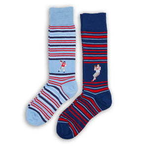 Powder stripe dress socks with Eli on the ankle and navy stripe dress socks with Archie on the ankle.