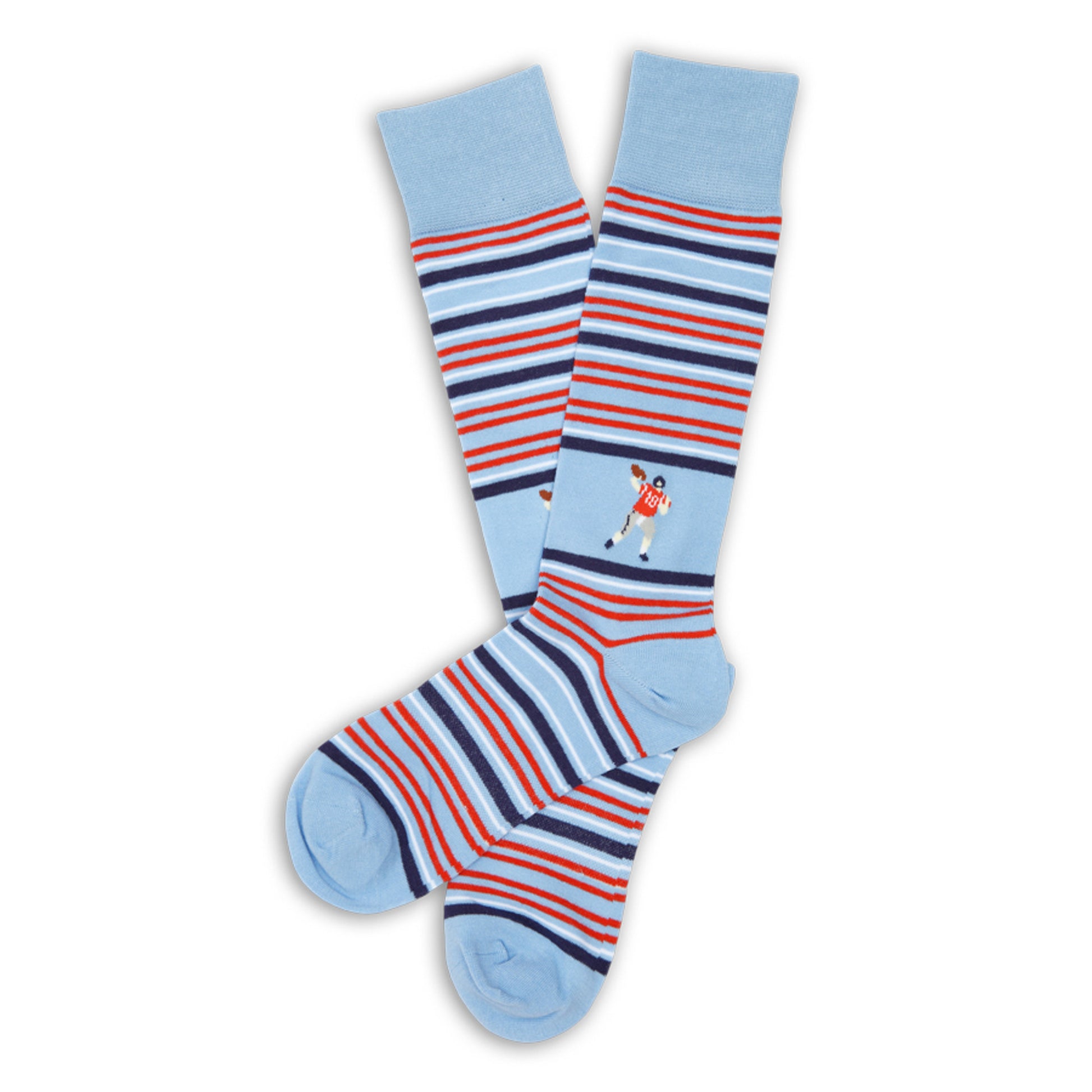 powder stripe dress socks with eli on the ankle laid out flat