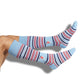 powder stripe dress socks with eli on the ankle on on legs
