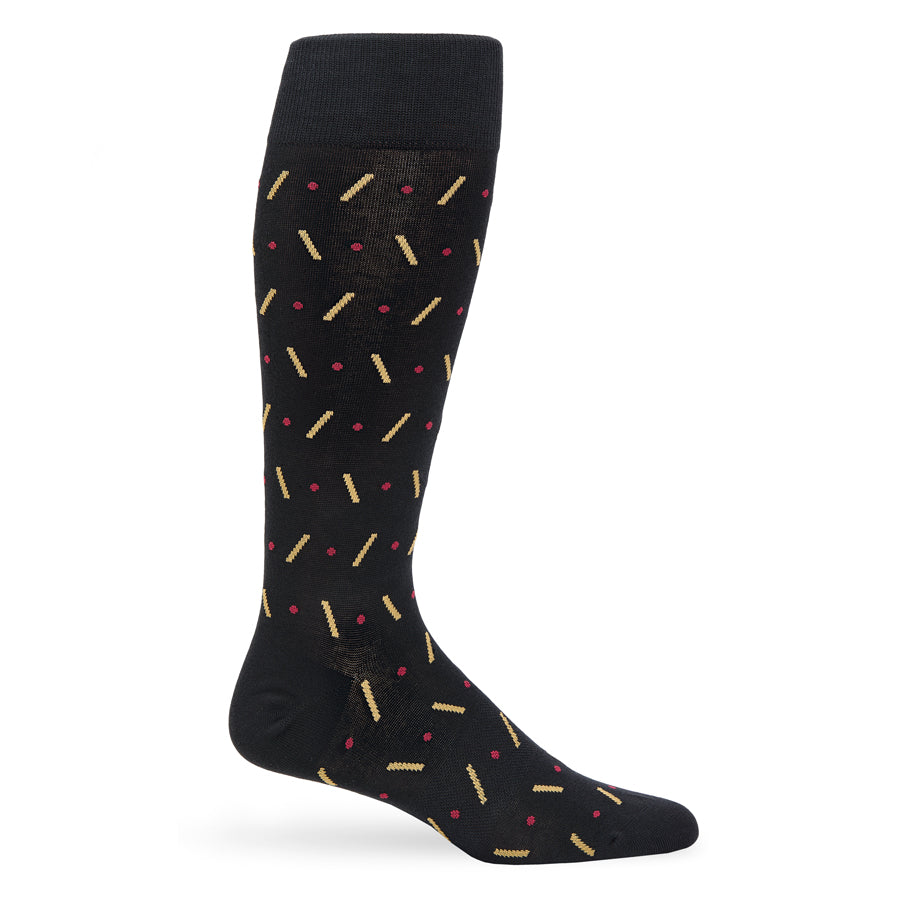 Black geometric dress sock with subtle diamond pattern displayed upright against white background.