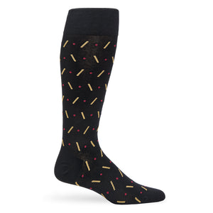 Black geometric dress sock with subtle diamond pattern displayed upright against white background.