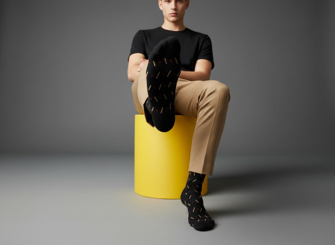 Ellis dress socks worn on foot showing geometric pattern and sleek black design in lifestyle setting.