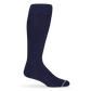 1 dress sock in solid navy blue with a double horizontal stripe across the toe in light grey displayed on a mannequin