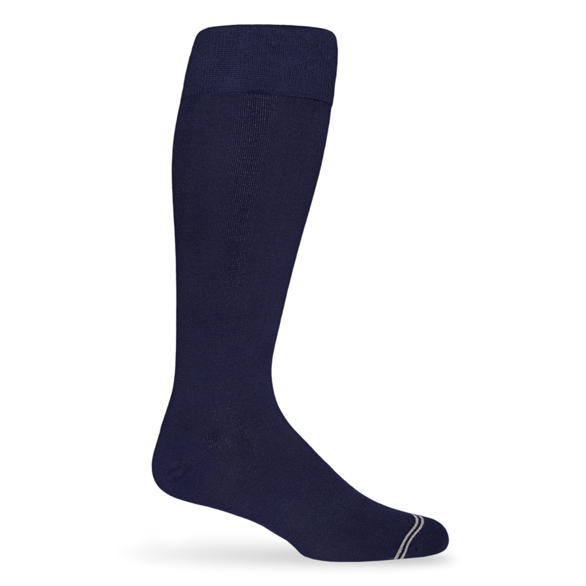 1 dress sock in solid navy blue with a double horizontal stripe across the toe in light grey displayed on a mannequin