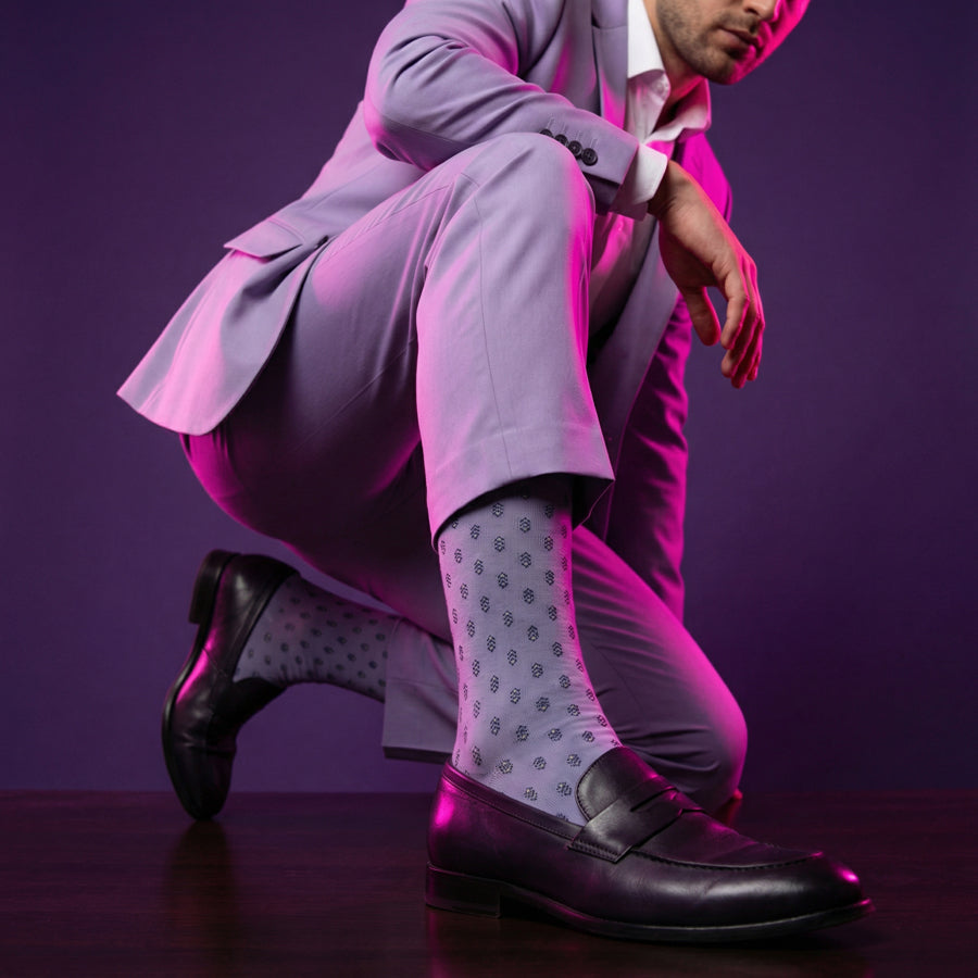 Emmett lavender geometric dress socks under neon lighting