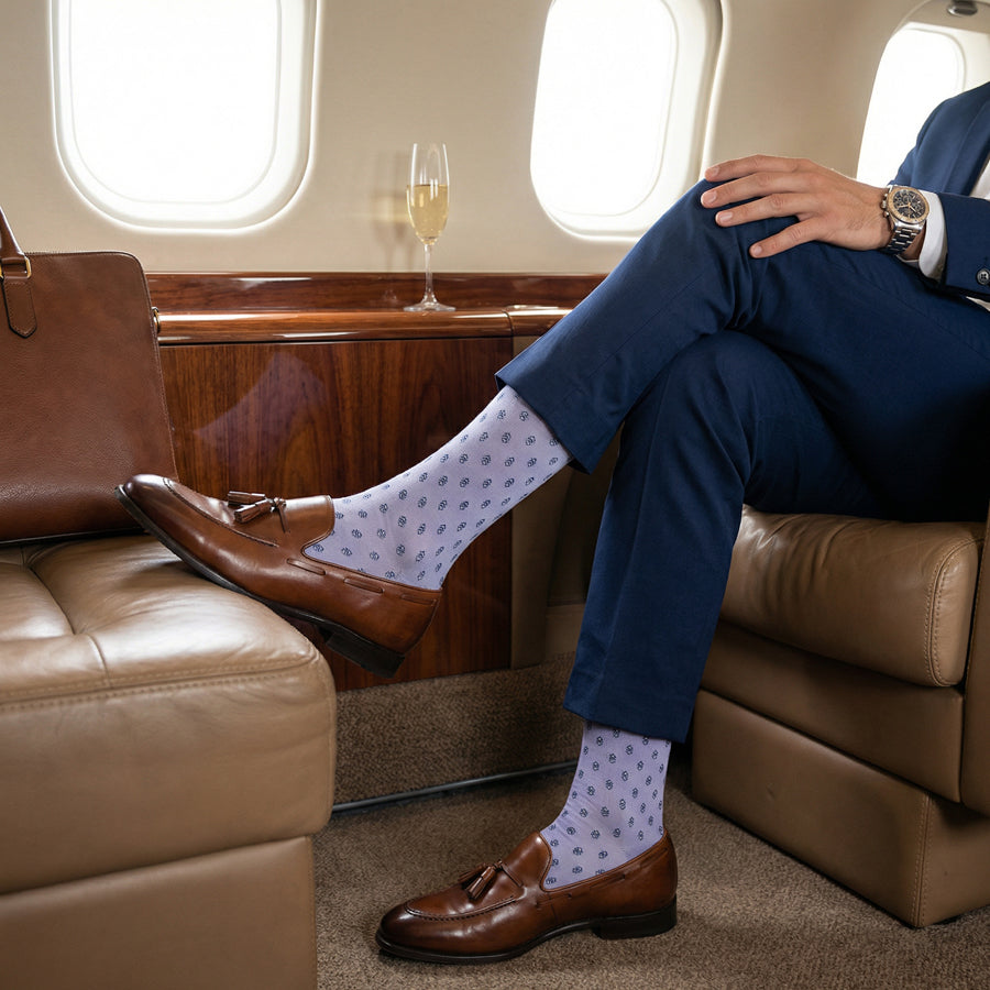 Emmett lavender dress socks styled in travel setting