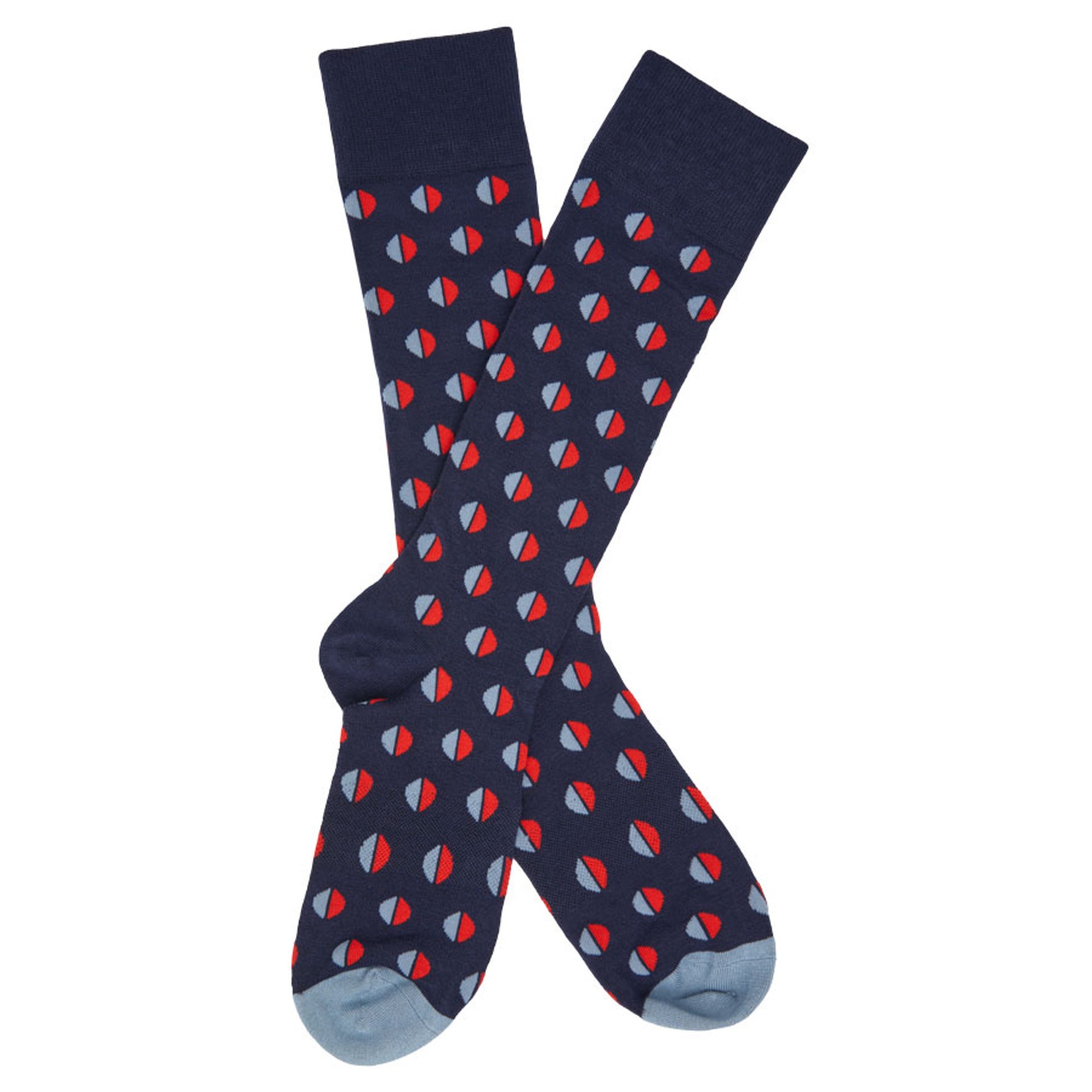1 navy blue dress sock with split circle design half red and light blue displayed flat and crossed at the heel