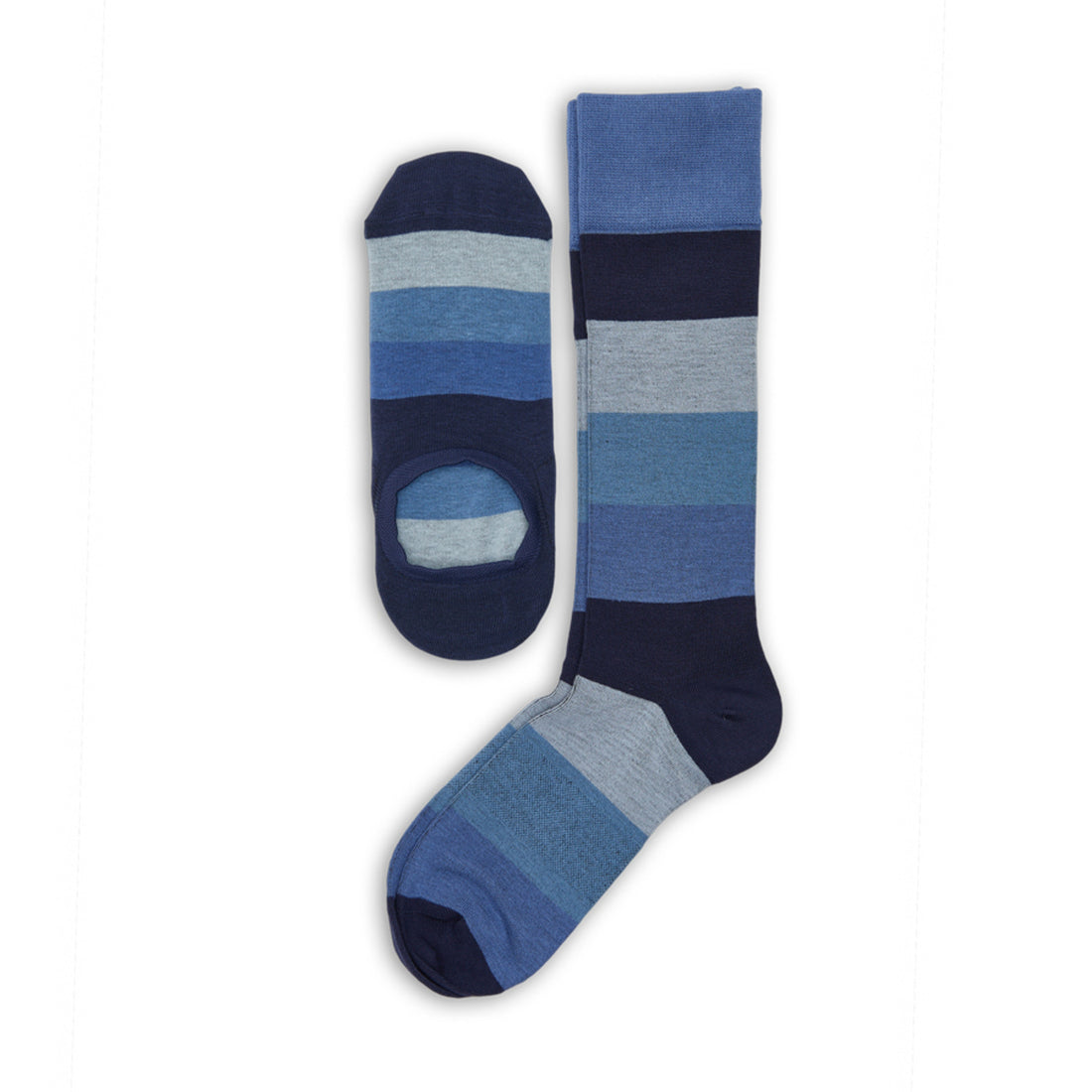 Irving & Rich Dress & No-Show 2-Pack featuring blue and grey striped dress socks and matching no-show socks for a coordinated, stylish look.