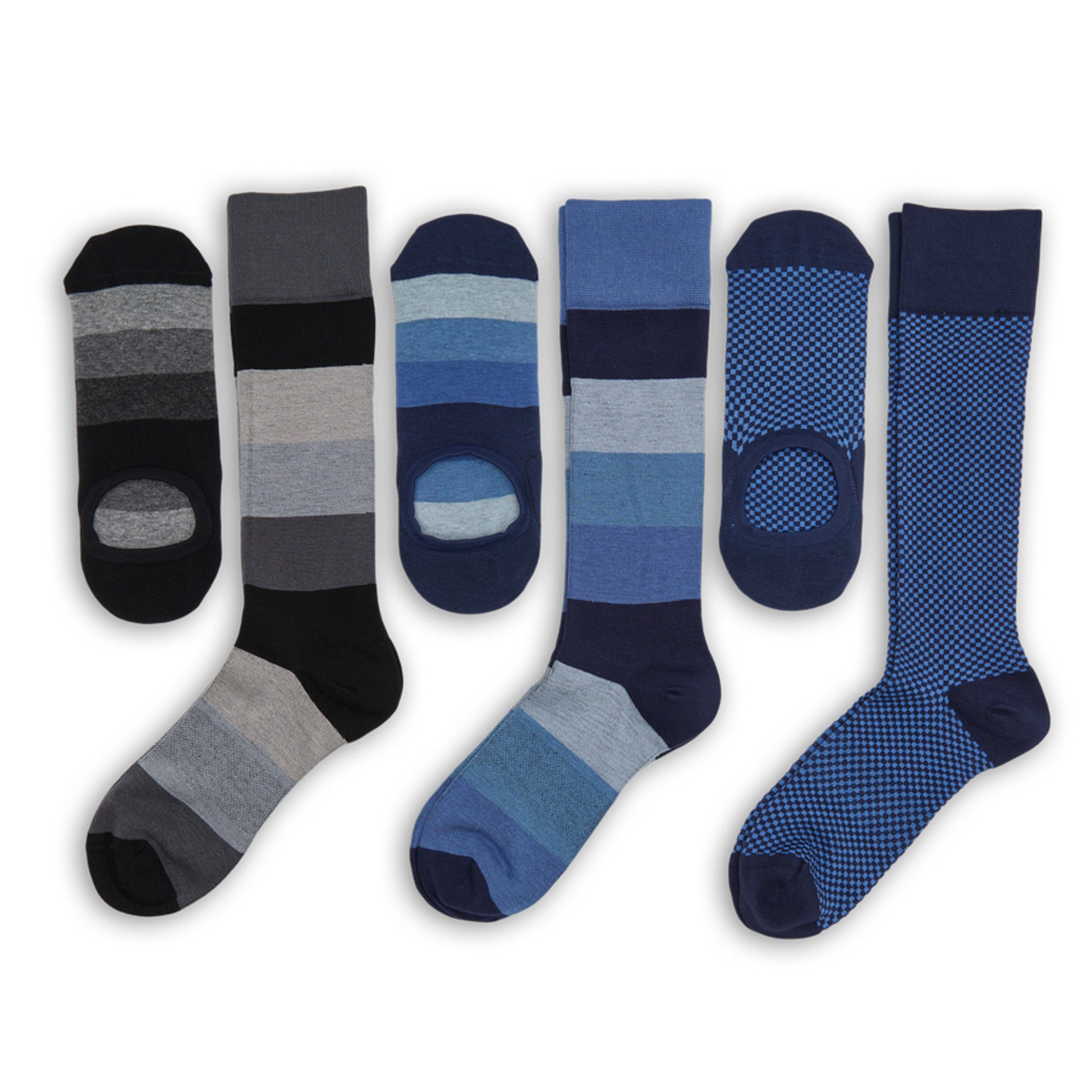 Mix-N-Match 6-Pack featuring a variety of dress and no-show socks in coordinated grey, blue, and striped patterns for stylish versatility