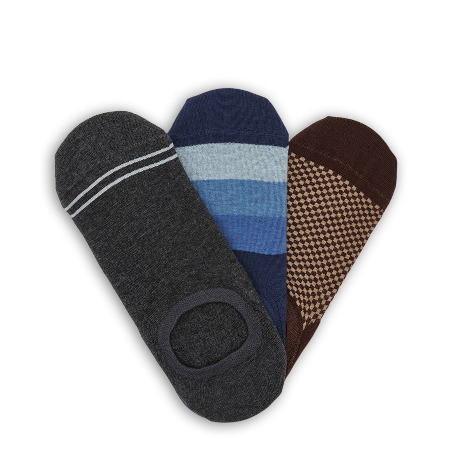 F23 No-Show Sock 3-Pack B with Beau, Rich and Teddy no-show socks laid flat together