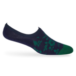 1 navy blue no show sock with a solid green toe and green leaf pattern towards the front displayed on a mannequin heel lifted