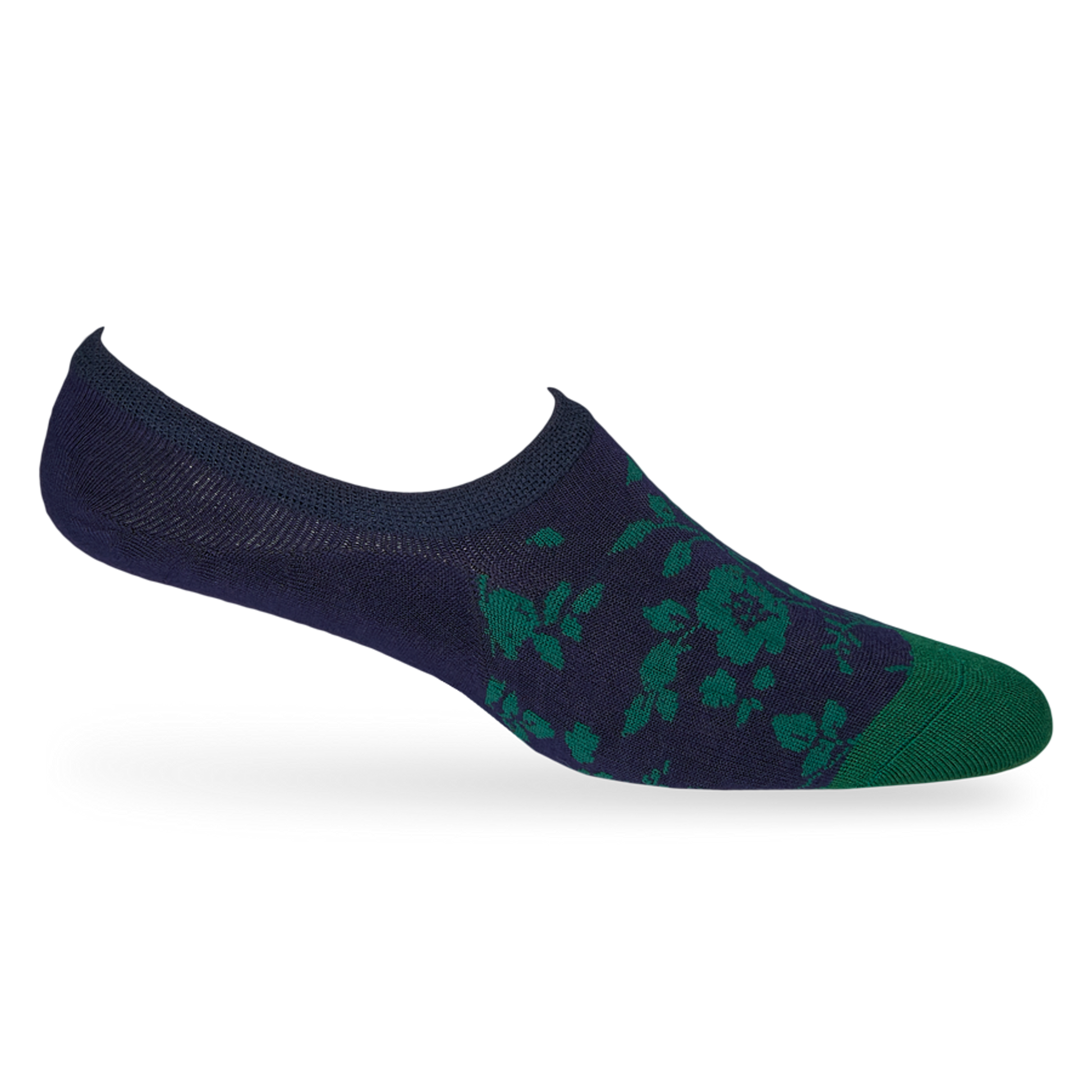 1 navy blue no show sock with a solid green toe and green leaf pattern towards the front displayed on a mannequin heel lifted