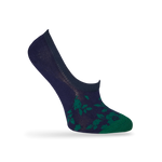 1 navy blue no show sock with a solid green toe and green leaf pattern towards the front displayed on a mannequin heel lifted